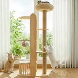 Великий котячий будиночок з подряпальником 190 см - стабільний дерев'яний комплекс для котів з посиленою колоною з сизалю, великим сплетеним будиночком, 3 оглядовими платформами та просторою капсулою, для великих котів
