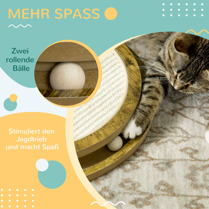 PawHut Scratching Board Ігровий майданчик для кішок з двошаровим дизайном та ігровим м'ячем, Ø40x4,5 см, коричневий та кремово-білий для котів