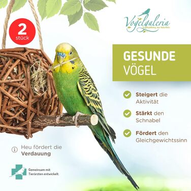 Набір 2 плетених куль з лози з сіном 10 см Vogelgaleria для папуг — іграшка для клітки, ручна робота, аксесуар для гризіння та лазіння