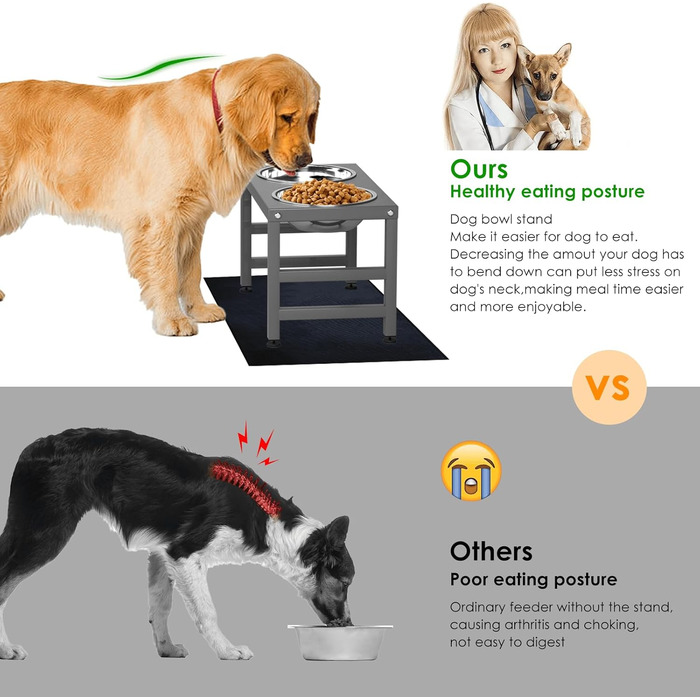 Підвищений годівниця для собак з металу, 25,4 см, з підставкою та 2 мисками з нержавіючої сталі, 40,6 x 61 см, антиковзаюча килимок, сірий колір