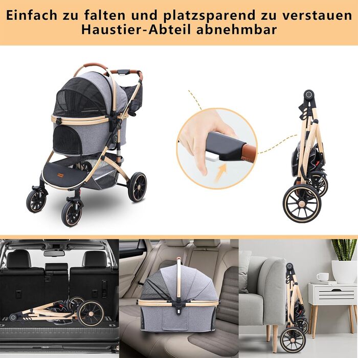 Візок для собак та котів на 4 колесах, до 30 кг, сірий, 3-в-1