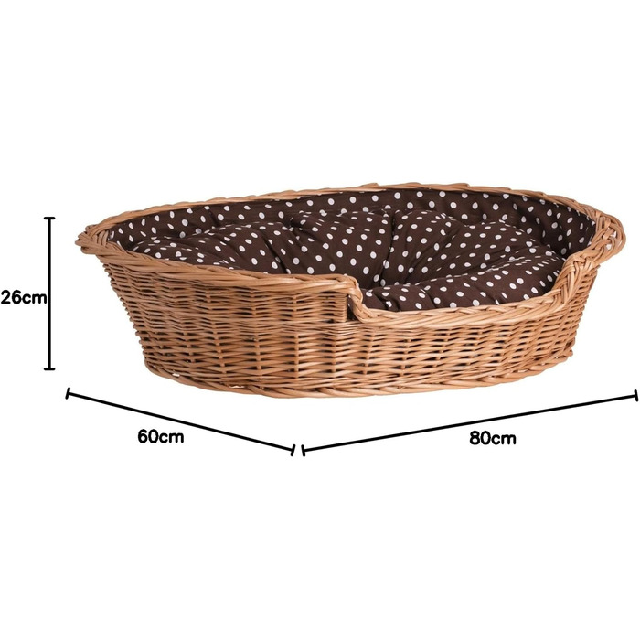 Корзина для собак з лози e-wicker24 502-60, брунатний колір, 60 x 43 x 19 см (80 x 60 x 26 см), натуральний дизайн