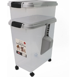 DIVCHI Контейнер для зберігання корму для тварин 3в1 з мірною ложкою, сірий. Підходить для собак, котів та інших тварин. Герметичний, з роликами, для сухого корму