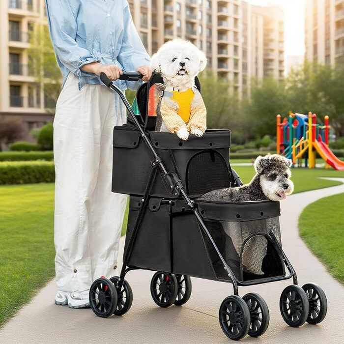 Складаний візок для собак на 2 ярусах, переноска для домашніх тварин до 24 кг, візок для собак з сітковими віконцями, ремінь безпеки, 4 колеса, складаний візок для котів та маленьких собак (чорний)