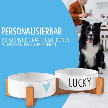 OWLBOOK Миска для собак з гравіюванням імені, подвійна миска для корму та води, кераміка, бамбук, 300 мл (синя зіркочка)