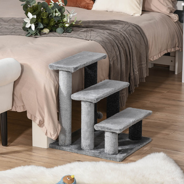 PawHut Cat Stairs Pet Stairs Сходи для собак 3 сходинки з іграшковим м'ячем Плюш сірий 45x40x48см для котів та собак
