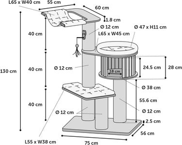 Дряпальня для котів Flamingo Raisa 3 – Коричнево-сіра, 198 см | XXL-комплекс для лазіння