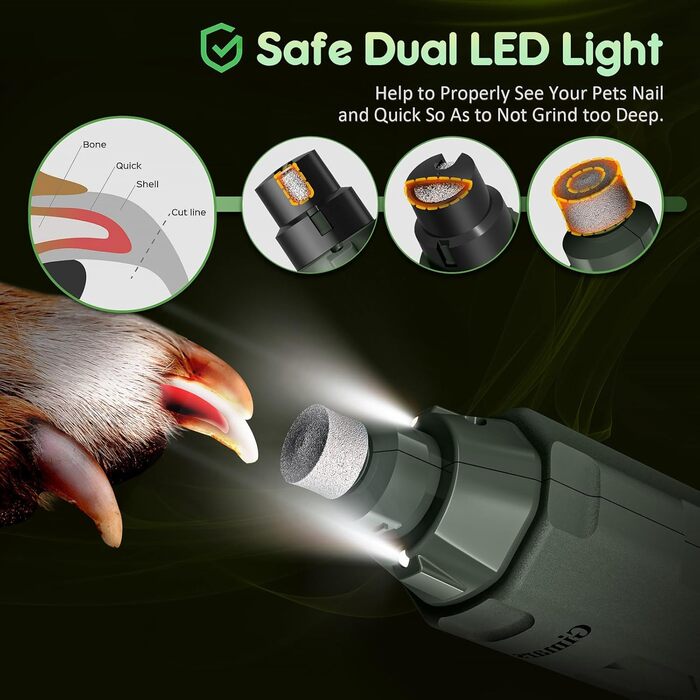 Шліфувальник кігтів для собак Gimars - 6 швидкостей, LED-підсвічування, USB-зарядка, 3 насадки (Army Green)