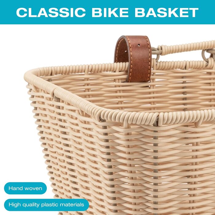 Фарбований велосипедний кошик CXWXC – міцний передній кошик з ручної плетіння з лози з регульованими ремінцями з веганської шкіри, бежевий