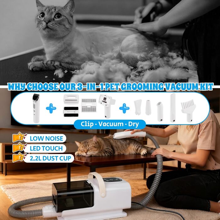 3-в-1 Машина для стрижки собак з пилососом, машинка для стрижки котів та собак з 6 гребінцями, пилосос для собак 2.2л з щіткою, фен для собак з 13 інструментами, 3 режими повітря, холодний/гарячий потік