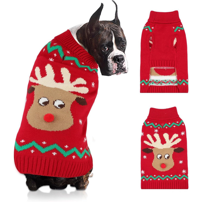 Теплий пуловер для собак Hylyun на Різдво: олень, сніжинка, з повідком, ростовки від S до 3XL