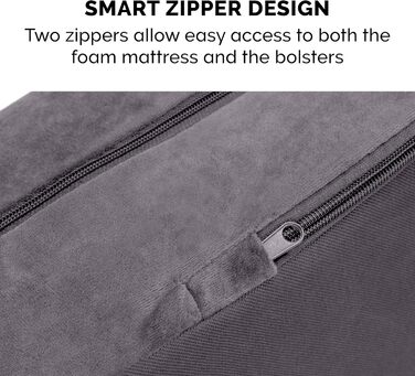 Крісло-лежанка для собак великих порід FurHaven з підголовником та знімним чохлом, плюш та оксамит, L-подібне, сірий колір, Jumbo/XL, 102 x 81 x 20 см