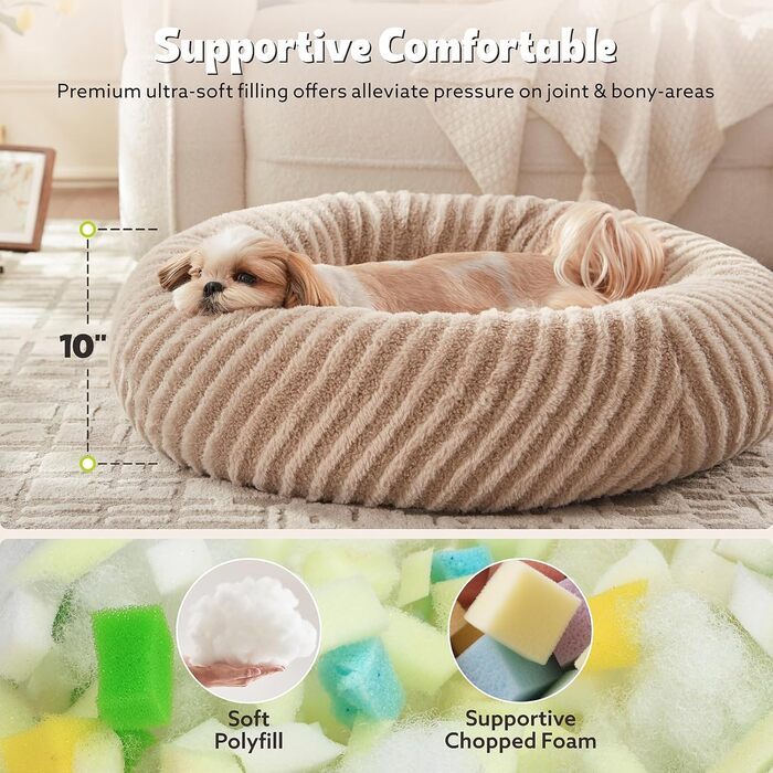 Кругла лежанка для собак Mixjoy, Donut, велика, 91 см, антиковзка, плюшеве штучне хутро, до 40,8 кг, бежева