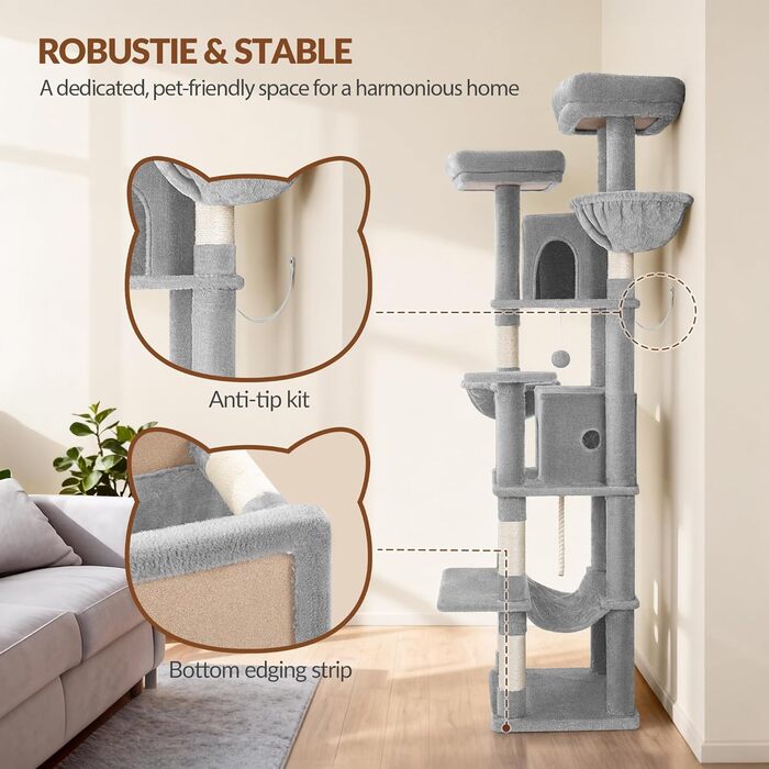 Дерево для котів Kratzbaum Groß 216 см, XXL, з 2 затишними будиночками, 2 платформами, 2 кошиками, гамаком, сірий, для дому