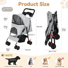 Складаний візок для тварин та дітей з обертовими колесами на 360°, кошиком для зберігання, міцним металевим каркасом та дихаючими сітчастими віконцями – портативний переносник для котів та собак до 22 кг (Сірий)