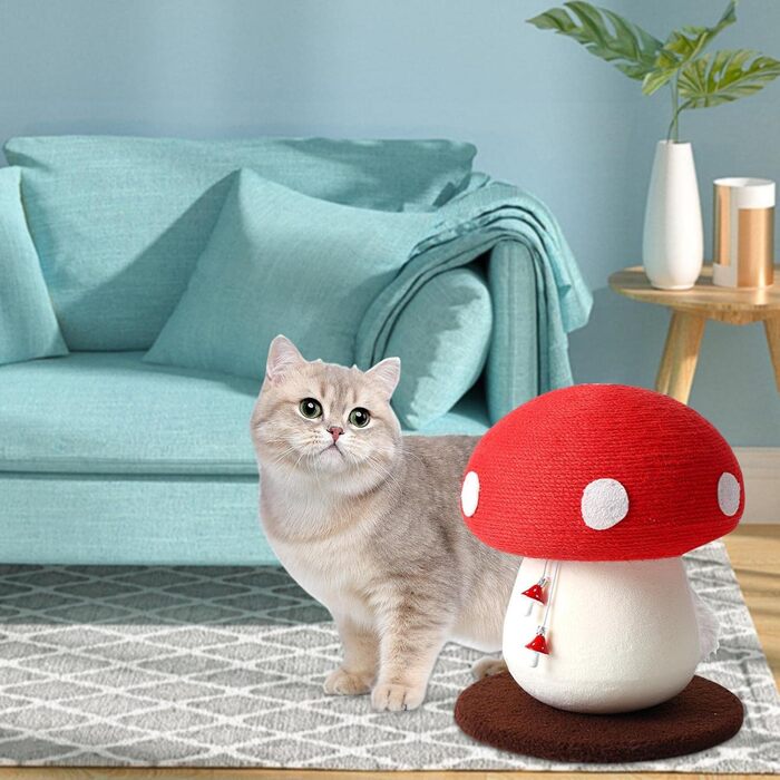 Дерев'яний кігтеточка для котів Niktule з сизалевого мотузка та підвісним іграшковим грибом | Кігтеточка-дерево для дому, захист меблів від кігтів