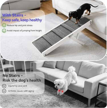 Рампа для собак Pawaboo, дерев'яна сходинка для домашніх тварин, 4 регульовані висоти (13,6'-21'), для маленьких собак та котів, з антиковзним покриттям, (80x30 см, білий)