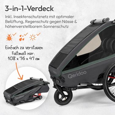 Qeridoo Kidgoo 2: Причіп для велосипеда на 2 дітей з підвіскою та ARS, коляска-візок, дитячий велопричіп, вантажний відсік 45L, Ivy Green