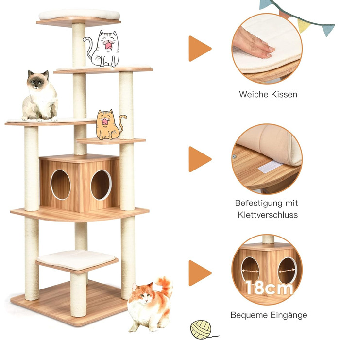 Кліматичний комплекс для котів GOPLUS Katzenbaum 175 см: 6 платформ, велика дерев'яна печера, ігровий комплекс, меблі для котів
