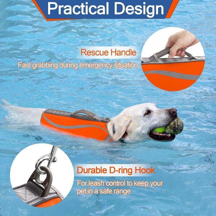 Надувна собача жилетка для плавання з ручкою та світловідбиваючими елементами, Orange (M)