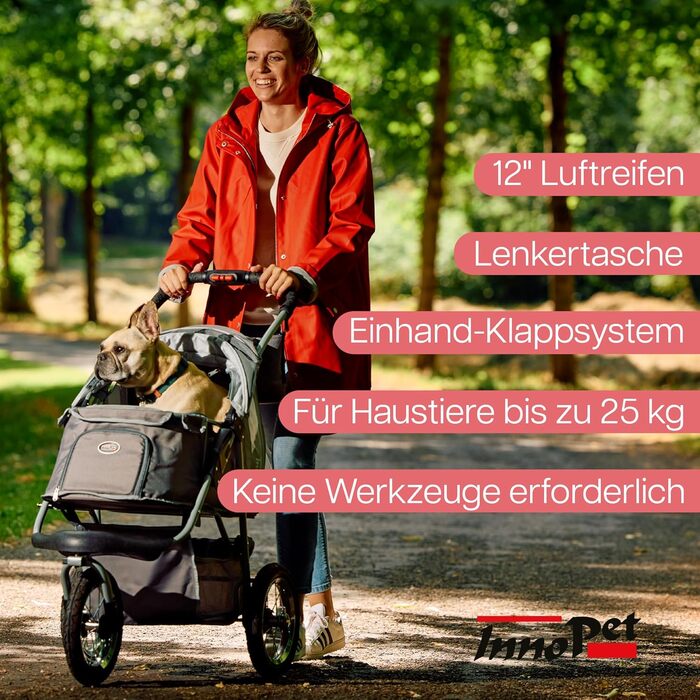 Візок для собак Innopet Comfort Air Eco чорного/срібного кольору – візок для собак/кішок з 30см повітряними колесами, складається однією рукою, підходить для лісових стежок – світловідбиваючі смуги, органайзер, перероблений нейлоновий матеріал (сірий)