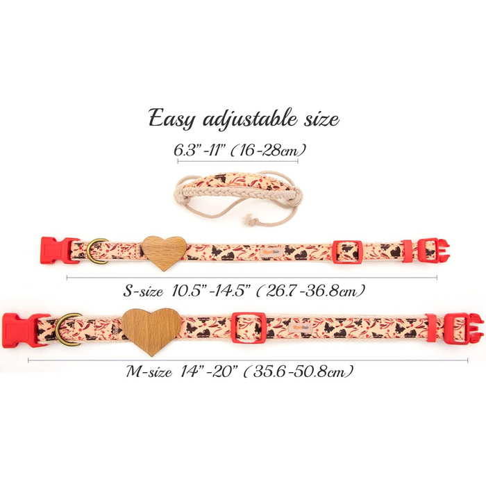 Нашийник для собак Pettsie з серцем та браслетом дружби, регульовані розміри S та M, зручний дизайнерський льон, міцний та довговічний, чудовий подарунок для любителів собак (35,6 - 50,8 см (M), Червоний)