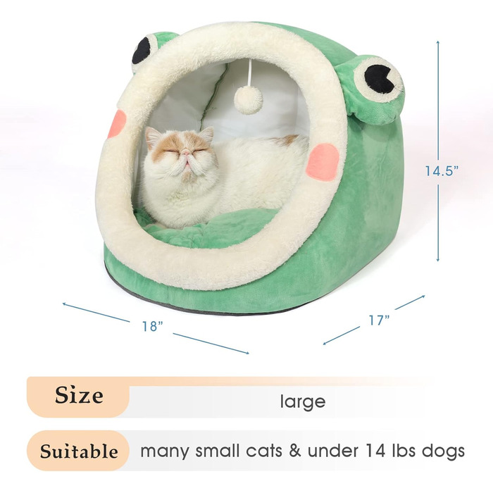 Кішечка-печера Jiupety для котів, ліжко-печера для котів, велика (45x43x37 см), будиночок для котів з неслизьким дном, кошик для котів з знімним, машинним пранням, зелений, великий, зелений жаб