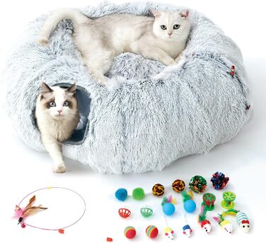 Туннель для котів FURRYPAWS XXL 3-в-1 – 160 см, ліжко, регульований, дихаючий, металевий каркас, складаний, для великих котів та дрібних тварин (світло-сірий з іграшкою)