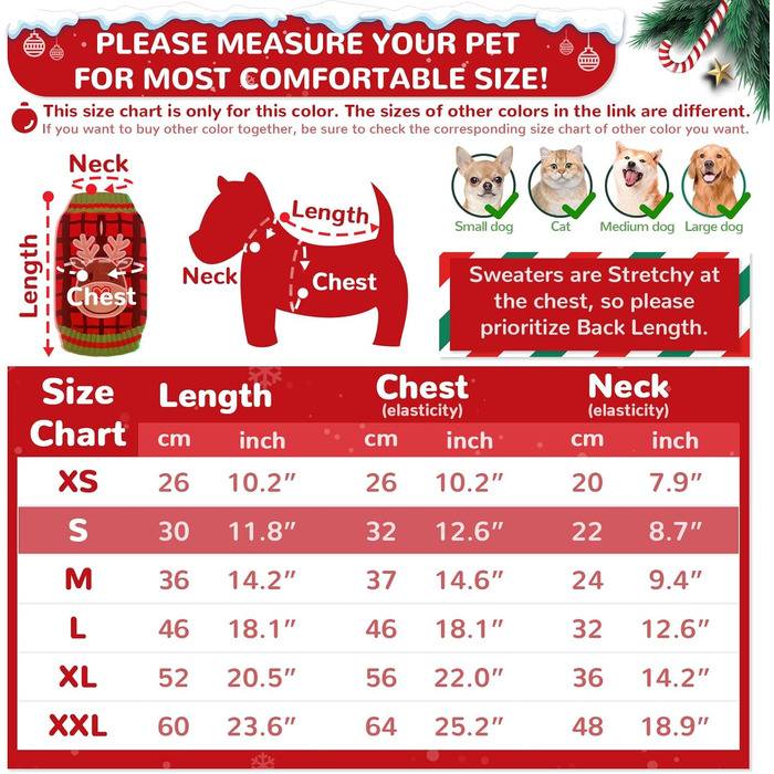 Теплий святковий пуловер для собак з отвором для шлейки, червоний в клітинку, олень. Підходить для малих, середніх та великих собак, котів. Ідеальний для осені та зими.