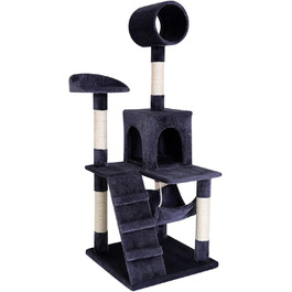 Дерево для котів Lionto з гамаком та тунелем, 133 см, з сизалевого мотузка та м'якого плюшу, зручні лежанки та печери, підходить для котів будь-якого розміру, темно-сірий