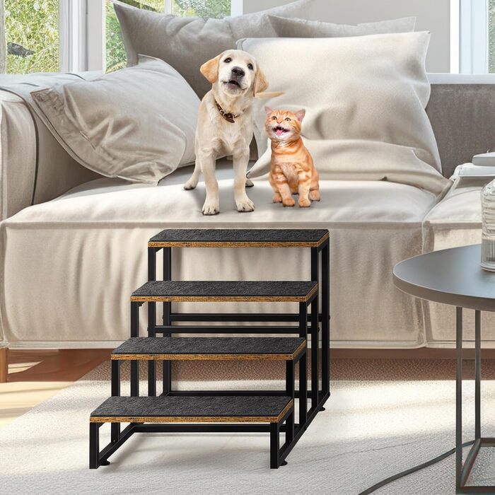 Смусей Сходинки для домашніх тварин: собачі та котячі, 4 сходинки, стабільна конструкція з дерева та металу, протиковзке покриття, для диванів, ліжок, балконів, 60x40x43 см, коричневий