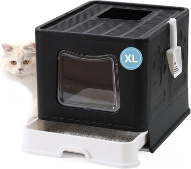Складаний туалет для котів Bolux з кришкою XL, лопаткою та висувним ящиком, чорний — велика котяча туалетна коробка, зручне прибирання, мінімальна розсипка наповнювача