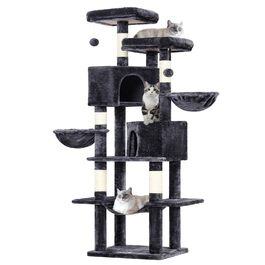 MSmask Котячий будиночок-кігтеточка великий, 180 см, багатоповерховий, з сизалевими стовпами, 2 платформи, 2 будиночки, кошик, гамак, стабільний, сірий