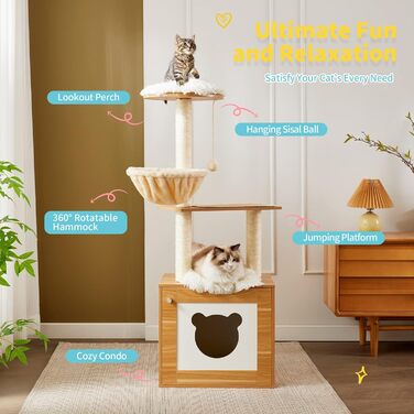 Made4Pets Котячий комплекс з туалетом, 2-в-1 сучасний котячий будиночок для кімнатних котів, 123,4 см, дерев'яний кондо з дряпаком, гамаком і знімною килимкою для великих котів