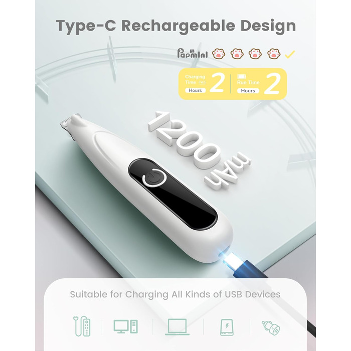 PAPMINI Безшумна машинка для стрижки котів з LED-дисплеєм, Type-C, акумулятор, бездротова когтерезка для котів, професійна машинка для стрижки лап, вух, обличчя, спини (біла)