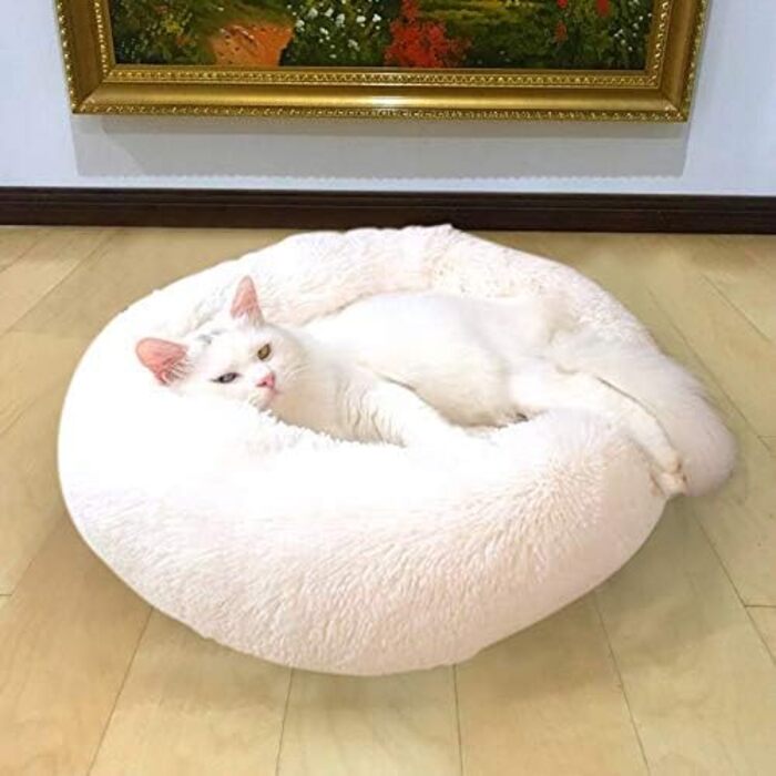 Ліжко для котів та собак Vivi Bear, кругле, надзвичайно м'яке, зручне, миле, овал-донат, придатне для прання, для котів і малих/середніх собак, біле, 50 см