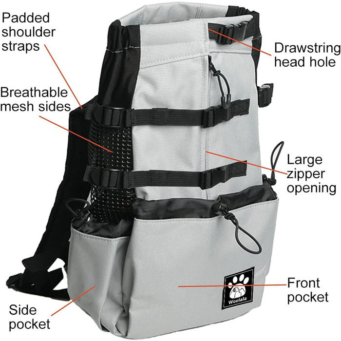 Рюкзак-переноска для собак, 1–25 кг, сірий XL. Зі шнурком, отвором для голови, вентиляцією. Для маленьких та середніх собак. Безпечний, комфортний, легкий.