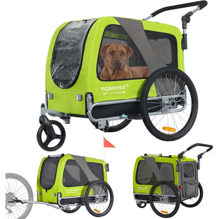 DOGGYHUT® Преміум великий велосипедний причіп для собак 2 в 1, буксир для собак, біговий причіп для собак, великий об'єм 270 літрів, для середніх та великих собак до 35 кг, зелений / чорний