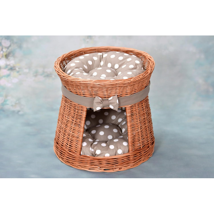 Кішка Будка Кругла Натурального Кольору: Двоярусний Корзинка для Кішки з Велюровою Подушкою, Корзинка з Плетеної Вельветової Лози, Кішка-Тур, Меджовтий Колір