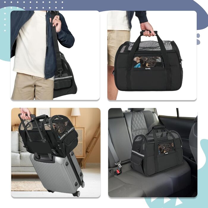 Транспортна сумка для котів та собак, дихаюча та складна, переноска для котів з регульованим плечовим ременем, знімний плюшевий килимок (Чорний, M)