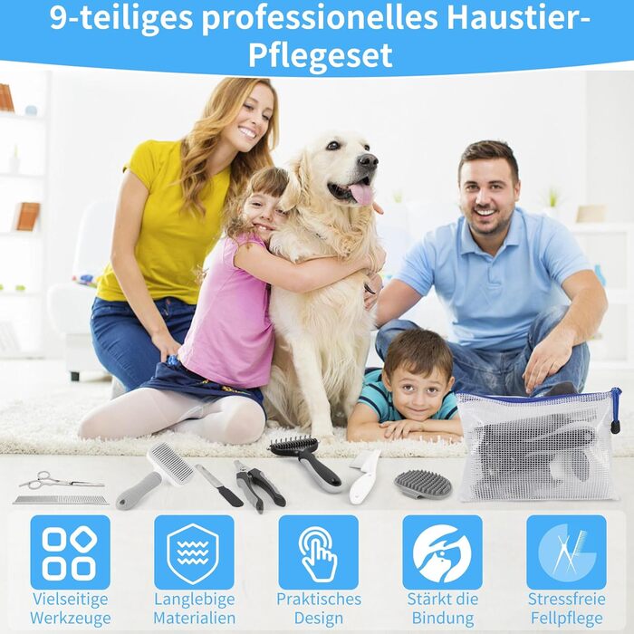 Набір для догляду за шерстю собак та котів (9 шт.) - щітка для самостійного очищення, гребінець для видалення ковтунів, триммер для кігтів з напилком, гребінець від бліх, рукавичка для миття - професійний набір для короткої та довгої шерсті (сірий)
