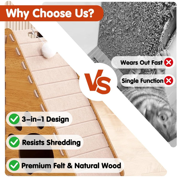 Кігтеточка для котів 3-в-1: дерев'яно-фетрова стінка, ліжко, пандус та іграшки, коричнева