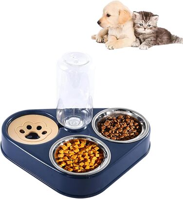 Миска для кота з нержавіючої сталі 3-в-1 з автоматичним дозатором води, подвійна миска для котів та собак маленьких та середніх порід (Блакитна)