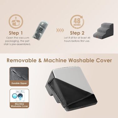 Сходинки для собак EHEYCIGA: компактні, 40 см, для маленьких собак, сірі. 3 сходинки, антиковзаюче покриття, миючий чохол. Розміри: 40 x 57 x 40 см