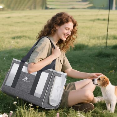 Переноска для собак та котів PETCUTE Hautier з вийманою підстилкою, безпечний поводок, дихаюча переноска для маленьких собак, схвалена авіакомпаніями (M, сірий)