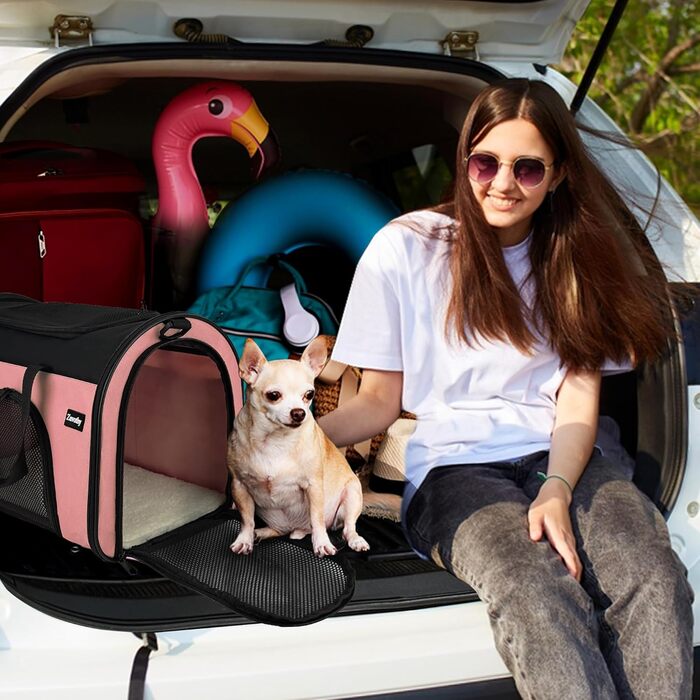 Транспортна сумка для котів та собак, дихаюча та складна, переноска для котів з регульованим плечовим ременем, знімна плюшева підстилка (рожева, S)