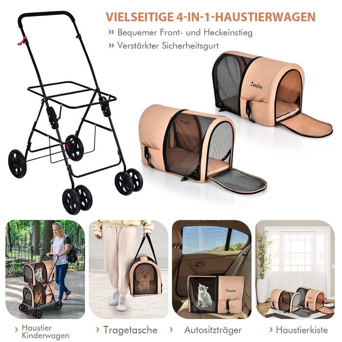 COSTWAY Двоярусний візок для собак та котів, до 16 кг, з сітчастими віконцями, тримачем для напоїв та зчепленим елементом (Бежевий)