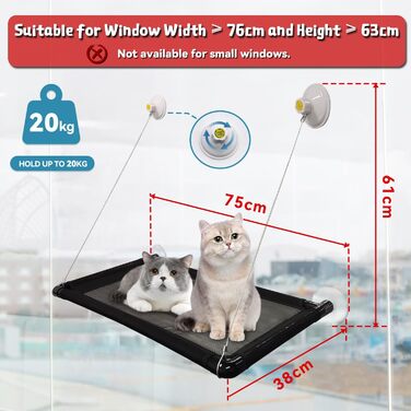Крісло-гамак для котів Dracarys на вікно | для великих котів до 20 кг | Посилена конструкція з міцними присосками | Лежанка для котів, сонячне місце, лежанка для домашніх тварин, підходить для вікон шириною ≥76 см та висотою ≥64 см, розмір 68*38*58 см
