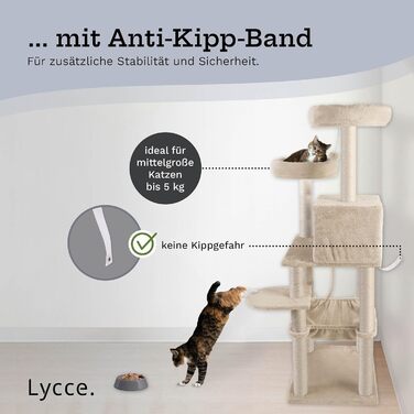 Когтеточка-комплекс Lycce Kratzbaum Royal 145 см: багатоярусна з 10 когтеточками, гніздом, гамаком, 4 платформами, плюшевим м'ячиком, бежева, стабільна, економна