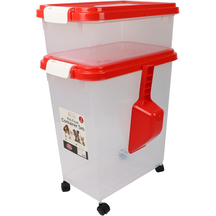 DIVCHI Контейнер для зберігання корму для тварин, 3 шт. з мірною ложкою, для собак, котів, корму для тварин, сухий корм, з роликами (Червоний)